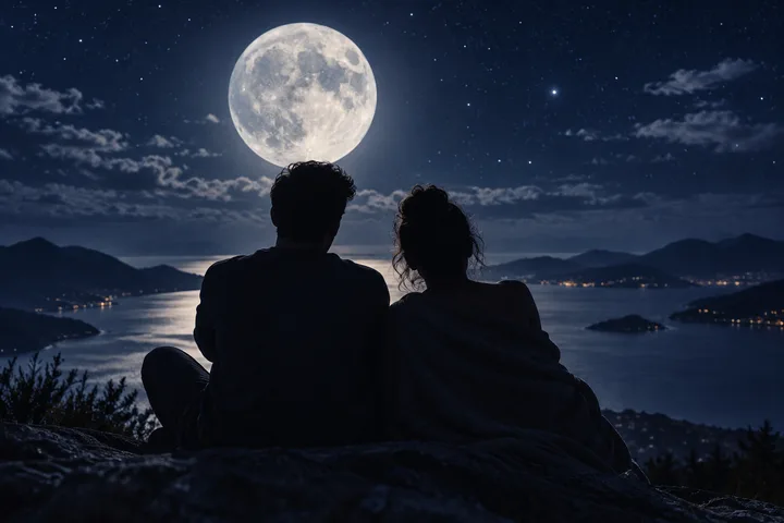 Two silhouetted people sit side by side on a rocky overlook, facing a moonlit bay and distant shoreline lights beneath a bright full Moon.