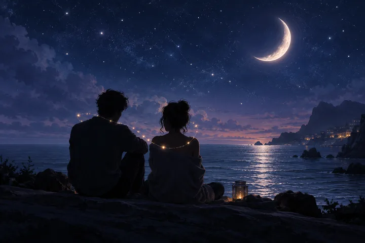 Two seated silhouettes face a moonlit sea while a glowing strand of points arcs across their shoulders; a crescent Moon hangs above the horizon.