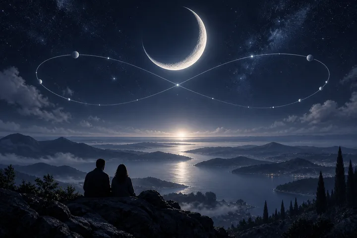Two people sit on a rocky overlook beneath a crescent moon and intersecting planetary orbits above a moonlit lake.