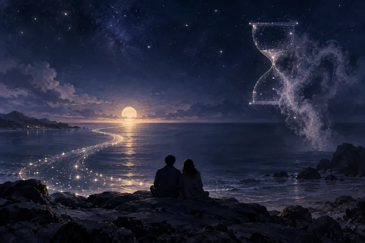 A glowing hourglass hangs over a moonlit sea while a starry path leads two seated figures toward the horizon.