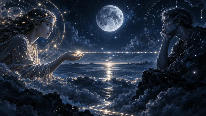 Two separated figures face each other across a luminous sea beneath a full moon, linked by a line of stars.