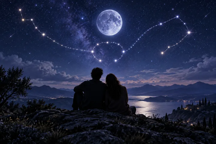 A couple beneath a moonlit indigo sky, with separate paths of stars suggesting personal dreams held within one relationship.