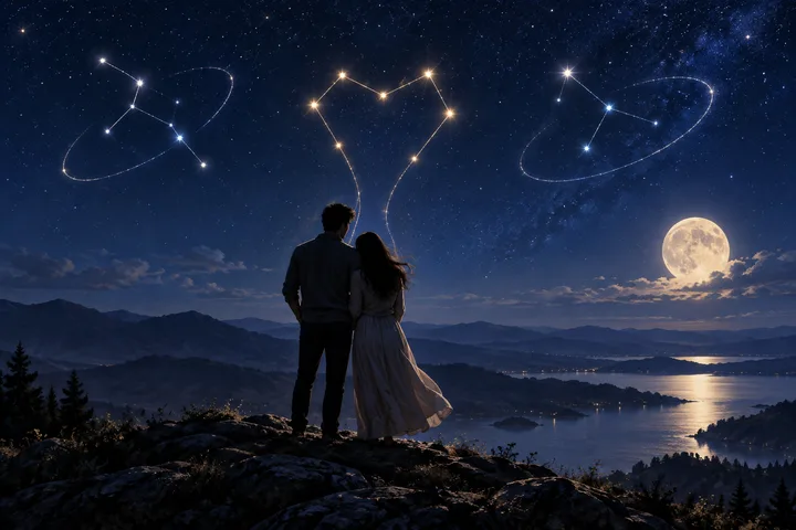 A couple stands beneath connected star paths and a full moon, suggesting two personal dreams meeting within one relationship.