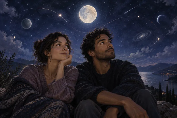 A couple sits beneath a full moon and sweeping planetary paths, looking upward as they imagine a shared future.
