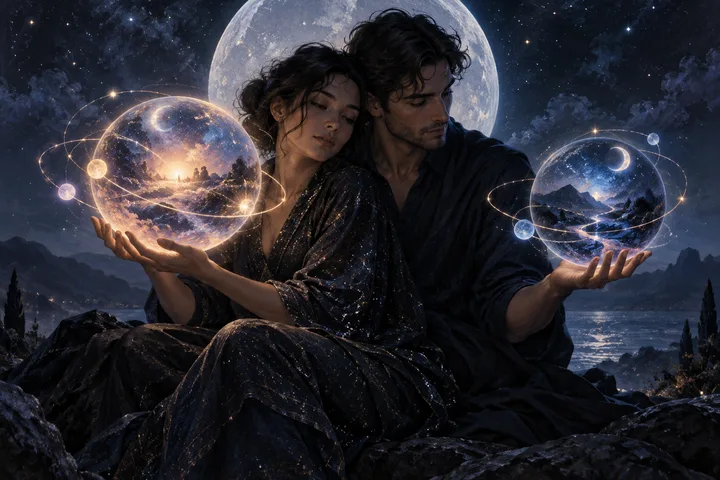 Two people hold separate glowing celestial worlds beneath a large moon, suggesting personal dreams held within a bond.