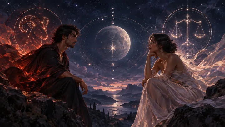 Two people face one another beneath a moonlit sky, framed by glowing Aries ram and Libra scales constellations, with attraction visible before trust is established.