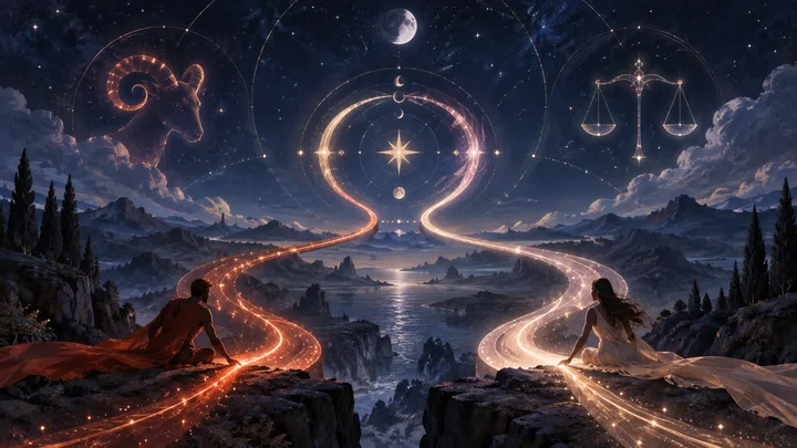 Separate ember-red and rose-gold paths approach a shared luminous orbit beneath Aries and Libra symbols, suggesting mutual participation and a future built together.