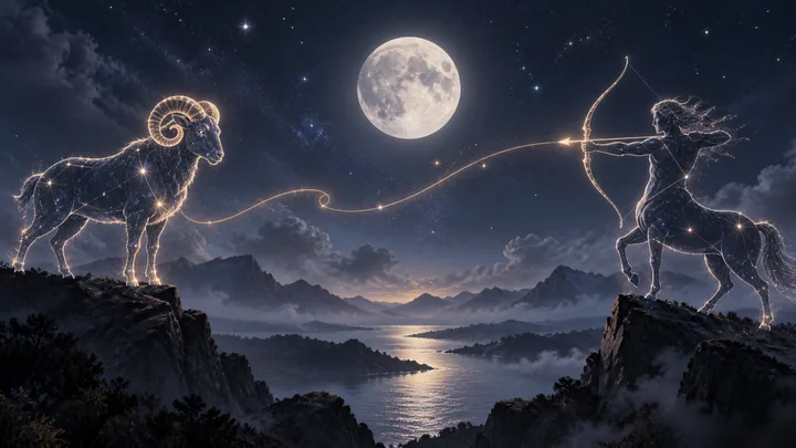 Illustrative moonlit indigo scene with a glowing ram constellation and archer constellation facing each other across a mountain lake, linked by a warm thread of light.
