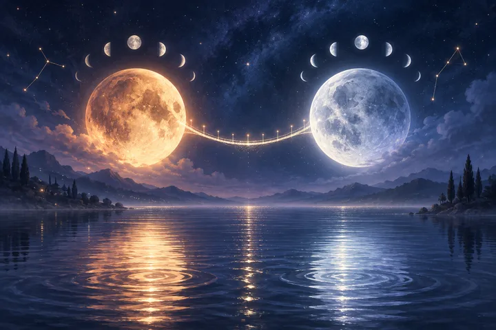 Illustrative celestial scene with a warm ember-lit moon and a silver-blue moon connected by a delicate bridge of light above a reflective lake, symbolizing emotional safety.