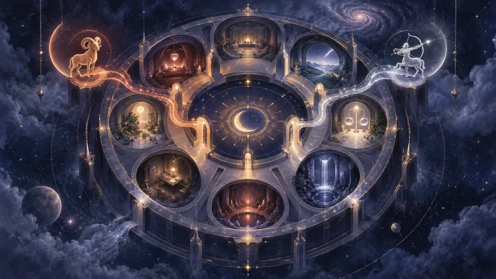 Illustrative indigo celestial house map with glowing ember and silver pathways entering different circular chambers, marked by small ram and archer symbols.