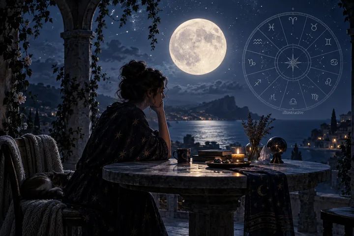 A seated figure rests at a candlelit stone table on a moonlit terrace overlooking the sea, with a full moon and an illustrative zodiac wheel in the sky.