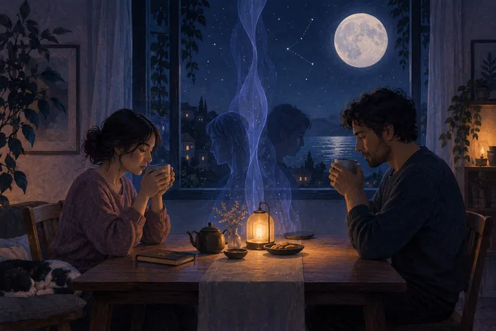 Two people sit across from each other at a table holding cups, with a lantern, teapot, and translucent blue forms between them beneath a moonlit window.