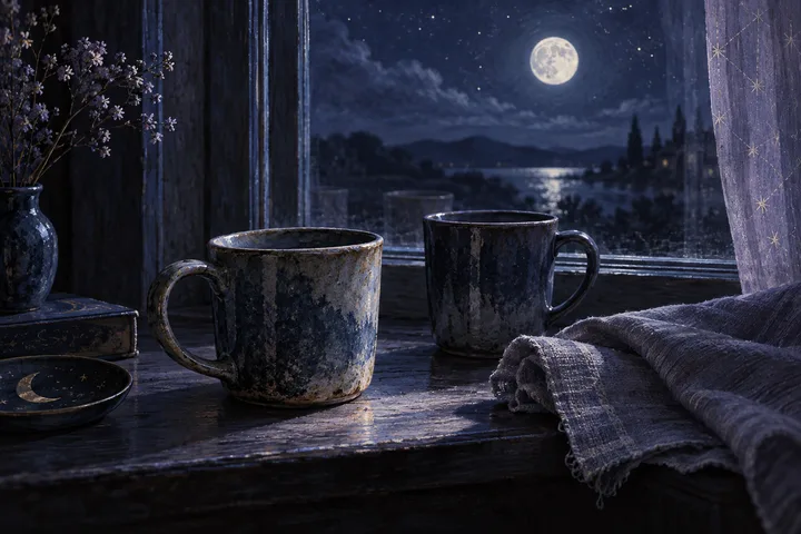 Two ceramic mugs sit on a windowsill beside a folded blanket and vase of flowers, with a full moon above a lake outside.