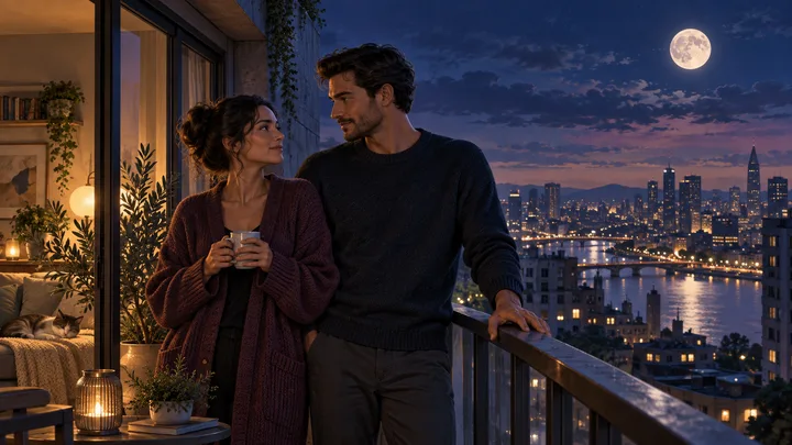 Two people share a quiet moment on a moonlit apartment balcony above a city, with warm home light and a full moon in the indigo sky.