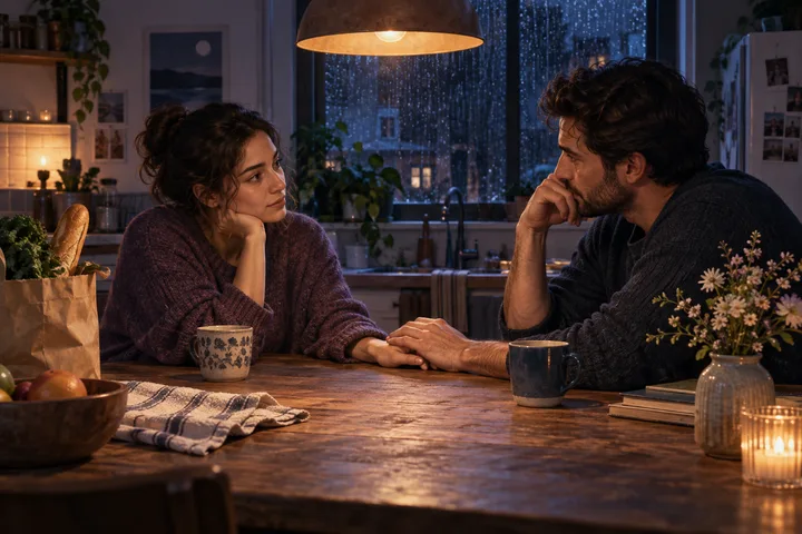 Two people sit across a warm kitchen table in the rain, listening and holding hands beside mugs, groceries, and a vase of flowers.
