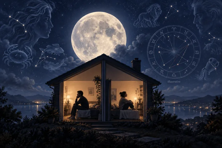 Two people standing in a moonlit shared home beneath an indigo sky, expressing intimacy under domestic pressure.