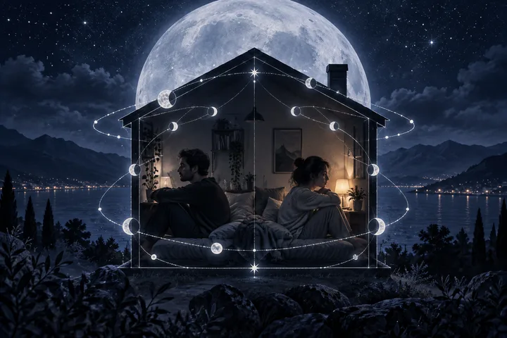 Illustrative fourth-house chart motif glowing over a shared living room, symbolizing home, roots, and emotional security.