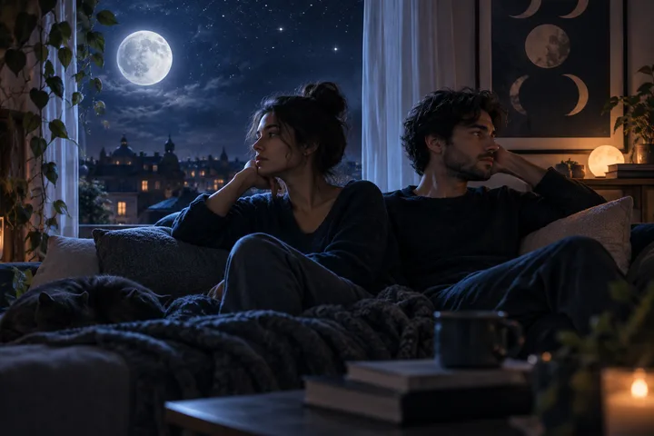 A moon and a couple in an indigo celestial scene, symbolizing intimacy under the weight of shared responsibility.