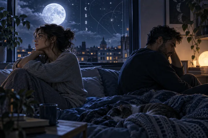 A single shared interior beneath an indigo celestial sky, symbolizing the atmosphere a couple creates together.
