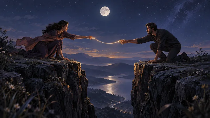 Two people reach across a moonlit ravine as a warm thread of light reconnects them beneath a full moon.