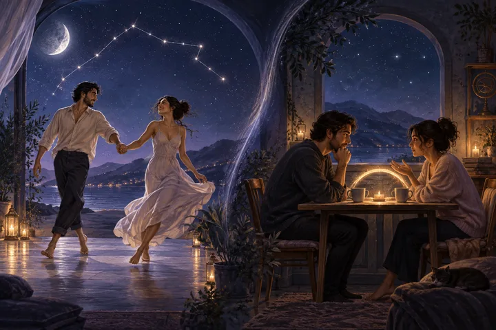 The same couple moves easily beneath the stars, then listens and rebuilds a warm bridge after a difficult moment.