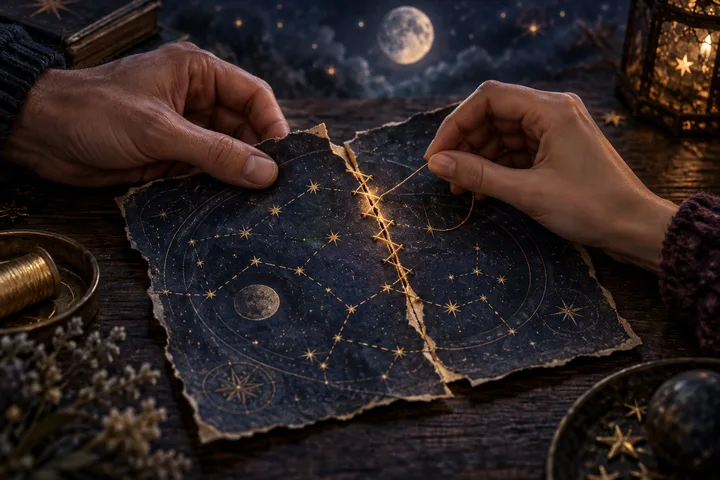 Two hands stitch a torn indigo constellation map together with glowing gold thread beneath a moonlit sky.