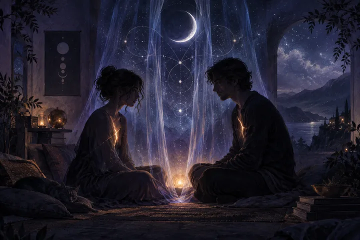 Two partners sit across from one another beneath a crescent moon and luminous celestial geometry, suggesting a safe soulmate-feeling bond bringing old wounds to the surface.