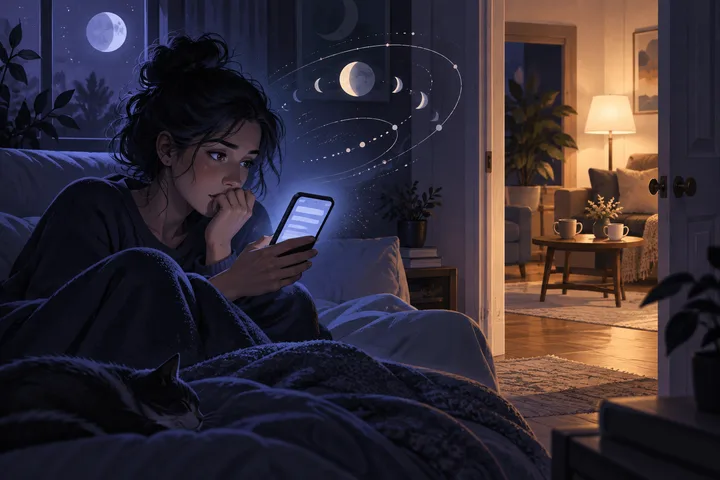 A person rereads an abstract message in a moonlit room while an open doorway reveals warm light, two cups, and the calm evidence of safety.
