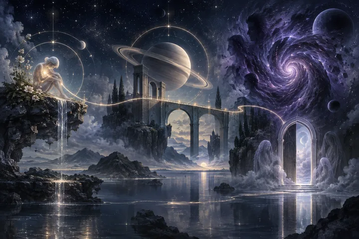 An abstract celestial landscape links a tender glowing figure, a ringed planet and bridge, a transforming violet spiral, and a translucent doorway for hidden emotional material.