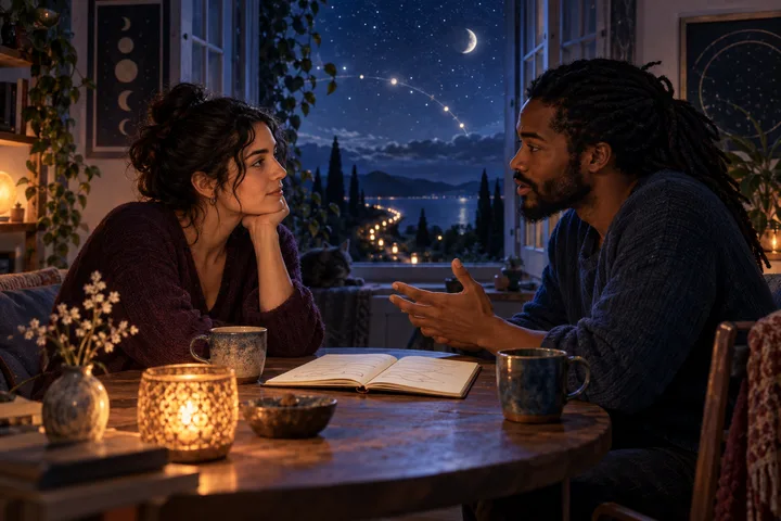 Two partners listen and speak across a table beneath an open starry window, with an open notebook and paired lights suggesting mutual repair and a shared future.