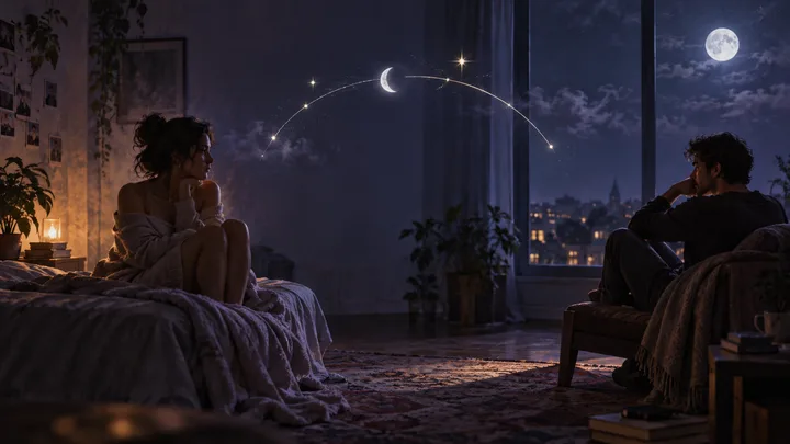 Two people sit apart in a moonlit room while a subtle arc of stars spans the quiet space between them.