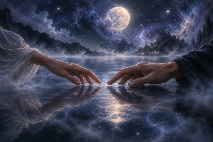 Two hands nearly touch above a reflective dark surface as moonlight and mist blur the boundary between empathy and projection.