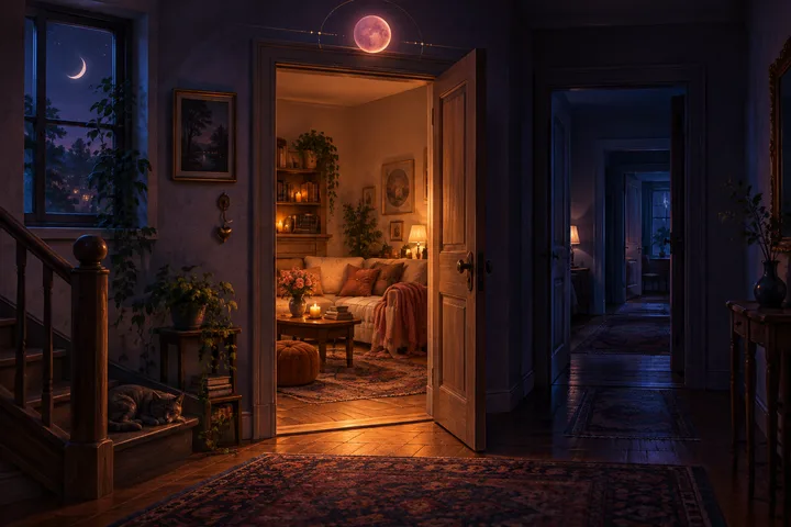 A warmly lit open doorway leads to a welcoming room while a shadowed passage continues beyond it beneath a rose-colored celestial glow.